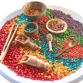 Wooden Sensory Bin Tools set, featuring child-safe wooden scoops, tongs, and containers. Perfect for sensory play, fine motor skill development, and hands-on exploration for toddlers and kids